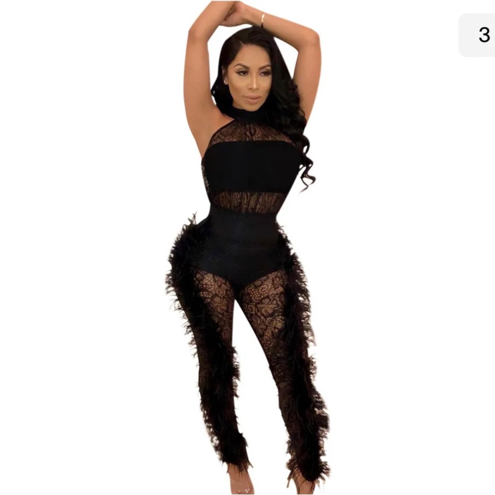 Women's Sexy Sleeveless Perspective Lace Patchwork Feather Bodycon Jumpsuit